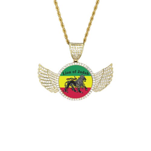 RASTA LION OF JUDAH Wings Gold Photo Pendant with Rope Chain