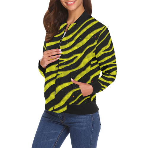 Ripped SpaceTime Stripes - Yellow All Over Print Bomber Jacket for Women (Model H19)