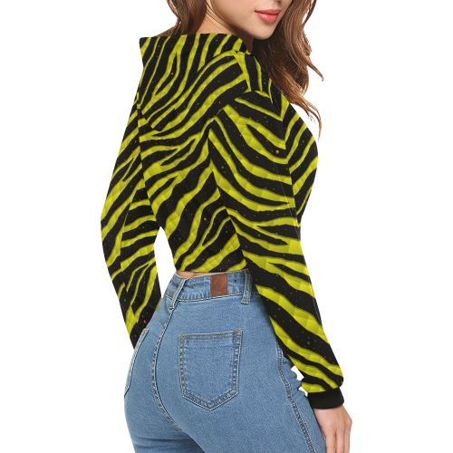 Ripped SpaceTime Stripes - Yellow All Over Print Crop Hoodie for Women (Model H22)