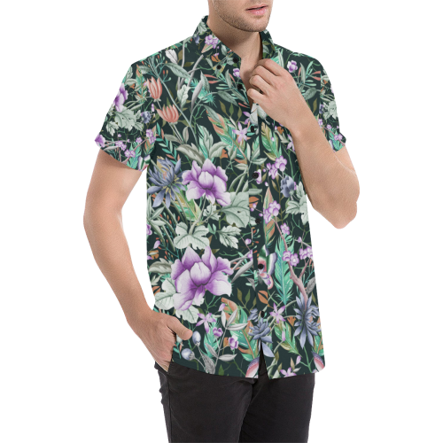 Tropical Flowers Butterflies Feathers Wallpaper 2 Men's All Over Print Short Sleeve Shirt (Model T53)