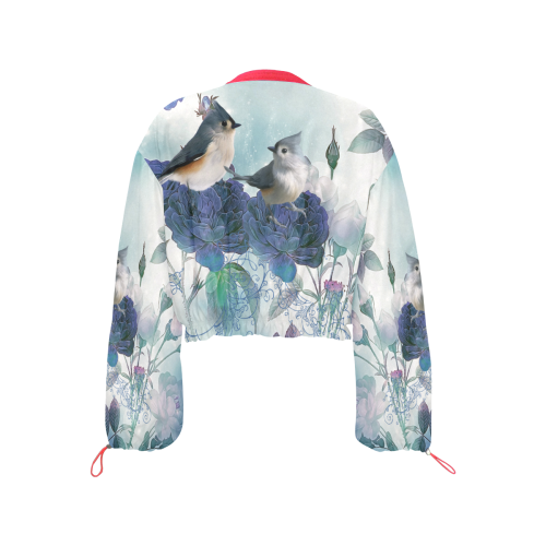 Cute birds with blue flowers Cropped Chiffon Jacket for Women (Model H30)