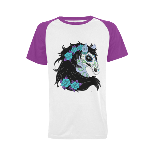 Sugar Skull Horse Turquoise Roses Purple Men's Raglan T-shirt (USA Size) (Model T11)
