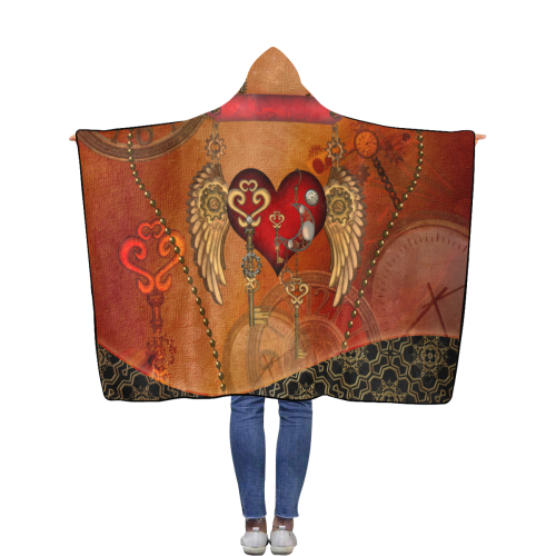 Steampunk, wonderful heart with wings Flannel Hooded Blanket 50''x60''