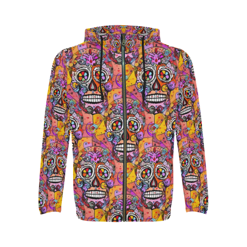 Skull Popart by Nico Bielow All Over Print Full Zip Hoodie for Men/Large Size (Model H14)
