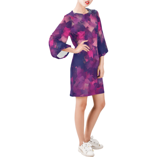 purple pink magenta cubism #modern Bell Sleeve Dress (Model D52)