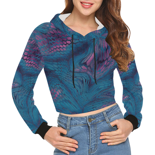 crazy midnight blue - purple snake scales animal skin design camouflage All Over Print Crop Hoodie for Women (Model H22)