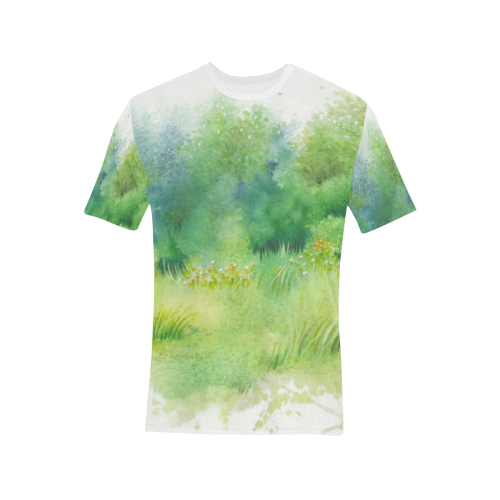 Inviting Greenery Landscape Watercolors Men's All Over Print T-Shirt (Solid Color Neck) (Model T63)