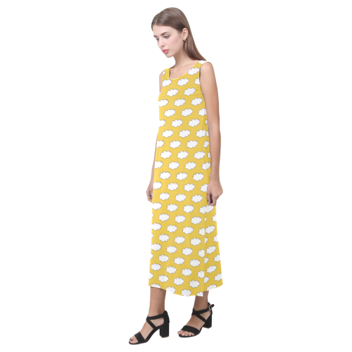 Clouds with Polka Dots on Gold Phaedra Sleeveless Open Fork Long Dress (Model D08)