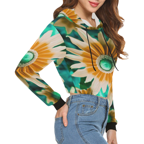 Yellow Orange Flower on Turquoise Green Photo All Over Print Crop Hoodie for Women (Model H22)