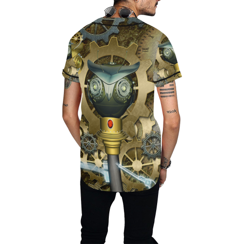 Steampunk, owl, clocks and gears All Over Print Baseball Jersey for Men (Model T50)