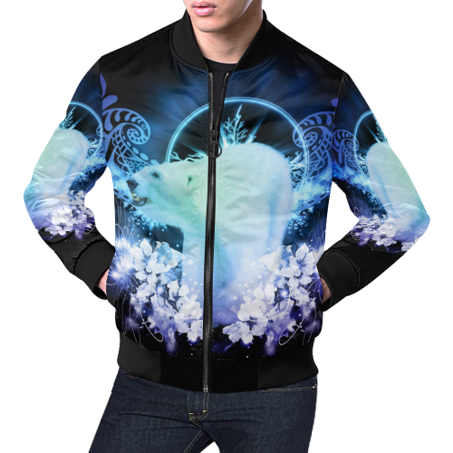 Amazing polar bear, blue flowers All Over Print Bomber Jacket for Men (Model H19)