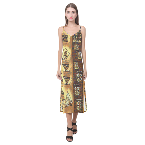 WooBoo Stripes Gold V-Neck Open Fork Long Dress(Model D18)