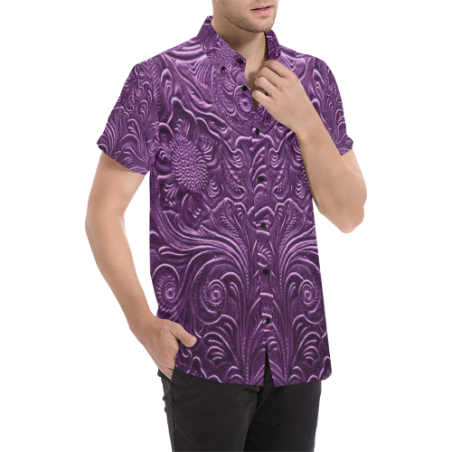 Embossed Purple Flowers Men's All Over Print Short Sleeve Shirt (Model T53)