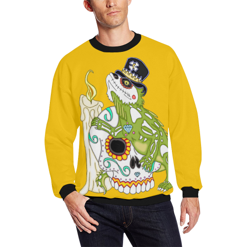 Iguana Sugar Skull Yellow/Black All Over Print Crewneck Sweatshirt for Men (Model H18)