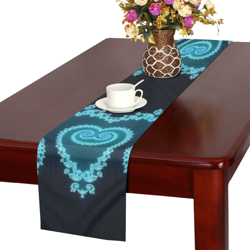 Sky Blue and Black Hearts Lace Fractal Abstract Table Runner 16x72 inch