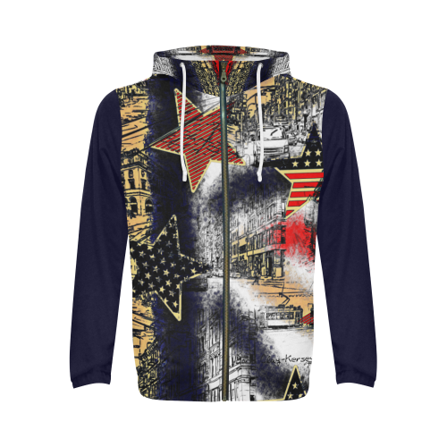 American Town with Stars and Navy Sleeves Design By Me by Doris Clay-Kersey All Over Print Full Zip Hoodie for Men (Model H14)