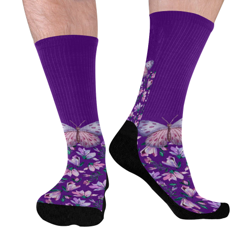 Purple Spring Butterfly Mid-Calf Socks (Black Sole)