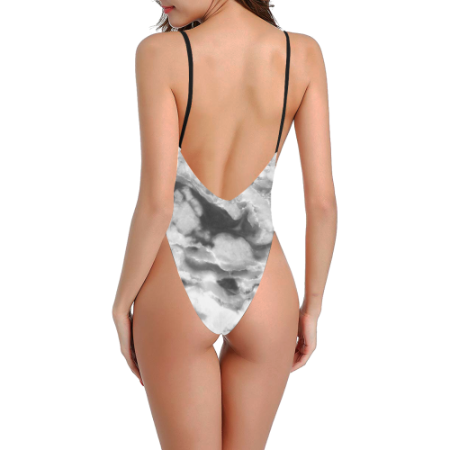 Marble Black and White Pattern Sexy Low Back One-Piece Swimsuit (Model S09)