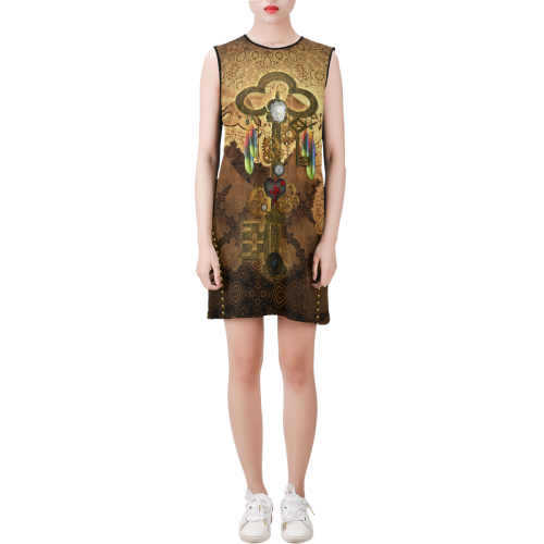Steampunk, key with clocks, gears and feathers Sleeveless Round Neck Shift Dress (Model D51)