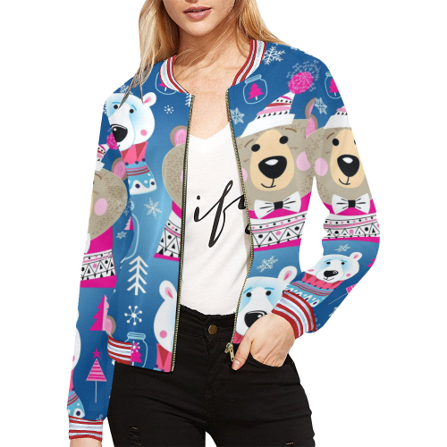 Happy Holidays Bears Patterns All Over Print Bomber Jacket for Women (Model H21)