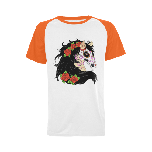 Sugar Skull Horse Red Roses Orange Men's Raglan T-shirt Big Size (USA Size) (Model T11)