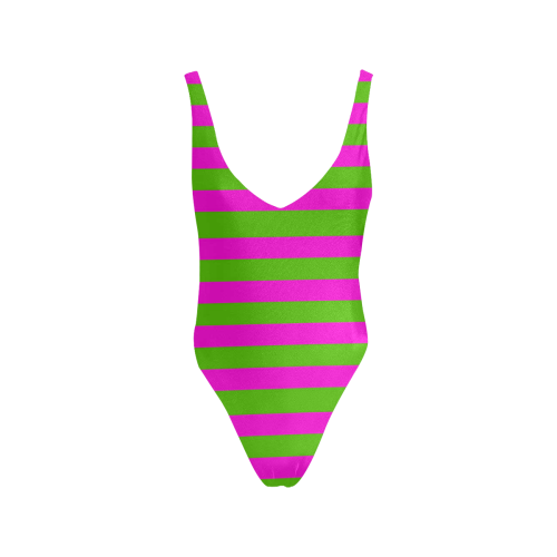 Pink Green Stripes Sexy Low Back One-Piece Swimsuit (Model S09)