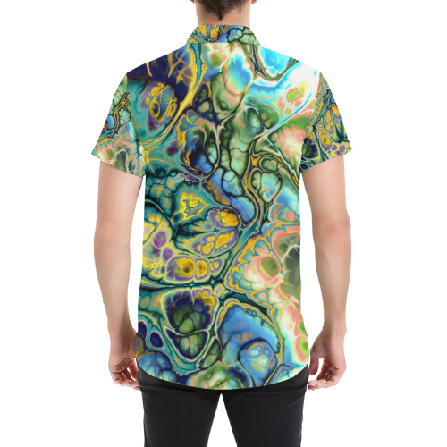 Flower Power Fractal Batik Teal Yellow Blue Salmon Men's All Over Print Short Sleeve Shirt (Model T53)