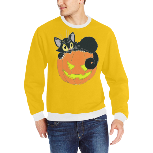 Halloween Black Cat And Pumpkin Yellow Men's Rib Cuff Crew Neck Sweatshirt (Model H34)