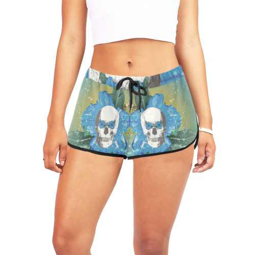 Funny skull with blue flowers Women's All Over Print Relaxed Shorts (Model L19)