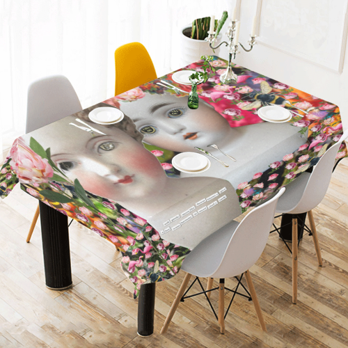 Two Flower Dolls Cotton Linen Tablecloth 52"x 70"
