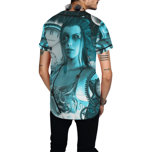 Steampunk lady, clocks and gears All Over Print Baseball Jersey for Men (Model T50)