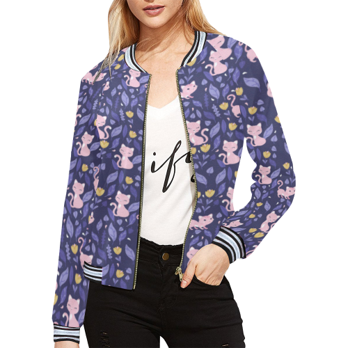 Pinky Cats on Leaves All Over Print Bomber Jacket for Women (Model H21)