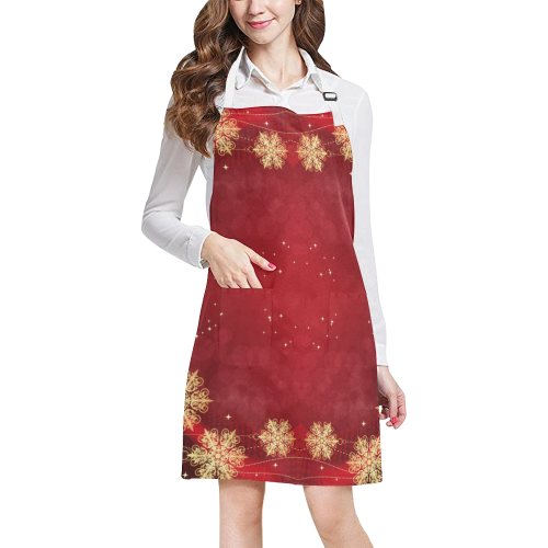Golden Christmas Snowflake Ornaments on Red All Over Print Apron