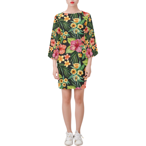 Awesome Tropical Hibiscus Bell Sleeve Dress (Model D52)