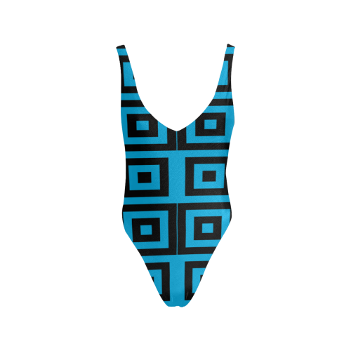 Blue-Black Pattern Sexy Low Back One-Piece Swimsuit (Model S09)