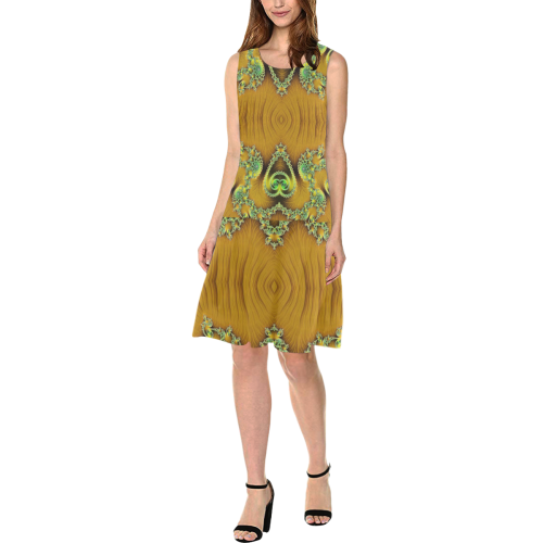 Gold and Green  Hearts  Lace Fractal Abstract Sleeveless Splicing Shift Dress(Model D17)