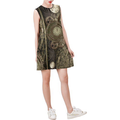 Awesome steampunk design Sleeveless Round Neck Shift Dress (Model D51)