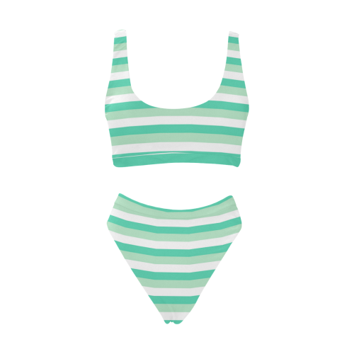 Mint Stripes Sport Top & High-Waisted Bikini Swimsuit (Model S07)