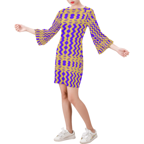 Purple Yellow Modern  Waves Lines Bell Sleeve Dress (Model D52)