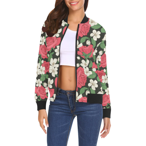 Pink, White and Black Floral All Over Print Bomber Jacket for Women (Model H19)