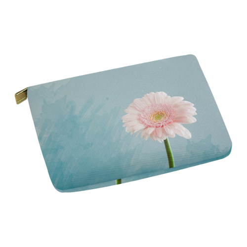Gerbera Daisy - Pink Flower on Watercolor Blue Carry-All Pouch 12.5''x8.5''
