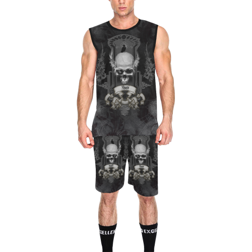 Skull with crow in black and white All Over Print Basketball Uniform