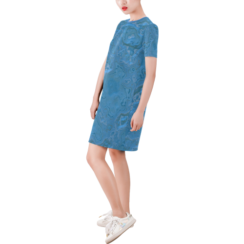 Blue Marble Short-Sleeve Round Neck A-Line Dress (Model D47)