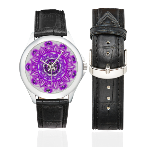 mandala purple gradient watch Women's Classic Leather Strap Watch(Model 203)