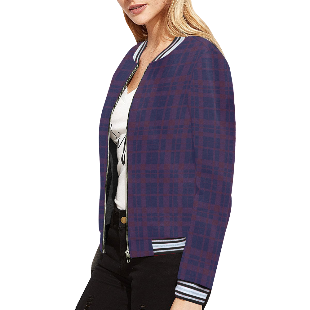 Purple Plaid Rock Style All Over Print Bomber Jacket for Women (Model