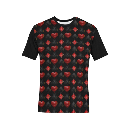 Las Vegas Black and Red Casino Poker Card Shapes on Black Men's All Over Print T-Shirt (Solid Color Neck) (Model T63)