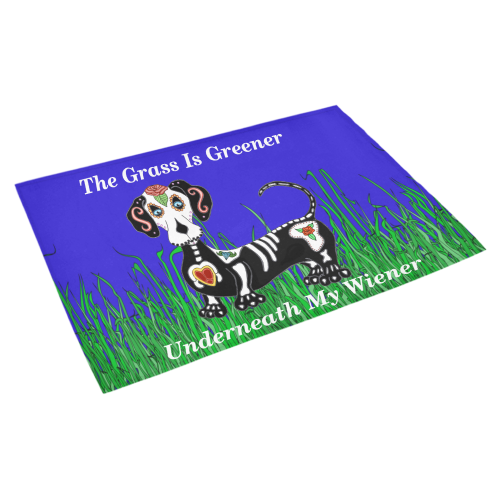 Dachshund Grass Is Greener Dark Blue Azalea Doormat 30" x 18" (Sponge Material)