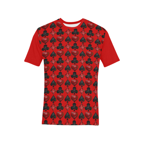 Las Vegas Black and Red Casino Poker Card Shapes on Red Men's All Over Print T-Shirt (Solid Color Neck) (Model T63)