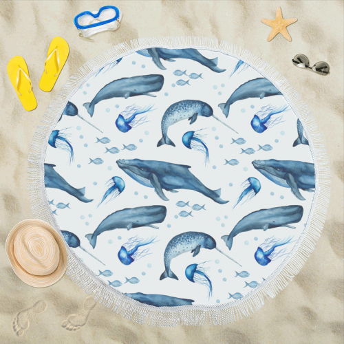 Ofeeliah Ocean Life blue-white Circular Beach Shawl 59"x 59"