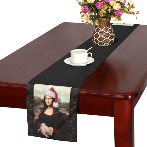 Christmas Mona Lisa with Santa Hat Table Runner 14x72 inch